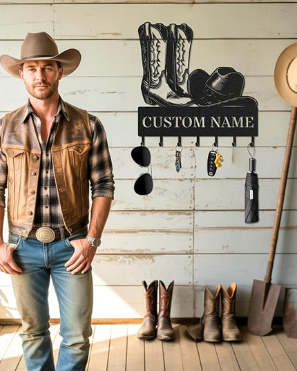 LOWACOS Personalized Key Holder for Wall, Custom Metal Cowboy Key Hooks with Name, Meta Jacket Holder Hooks Organizer Rack, Jacket Hanger Decor for Kitchen, Entryway, Hallway, Office, Doorway