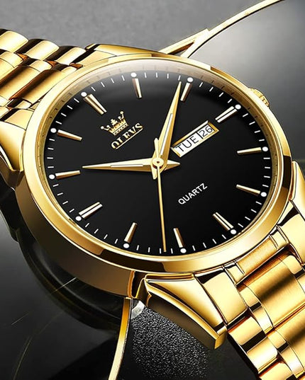 OLEVS Men's Luxury Watch Waterproof Luminous Easy Read Chronograph Watches Full Gold/White Dail/Black Face with Calendar Wristwatch