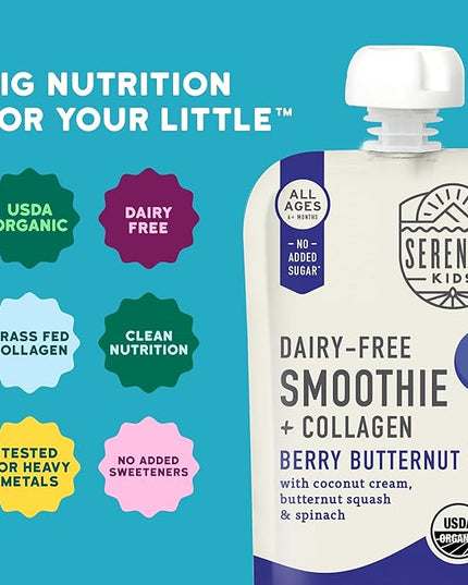 Serenity Kids 6+ Months Smoothie Baby Food Pouch - Berry Butternut, 3.5 Fl Oz, 6 Pack - Grass Fed Collagen Protein - Dairy Free Smoothie Pouch & No Added Sweeteners