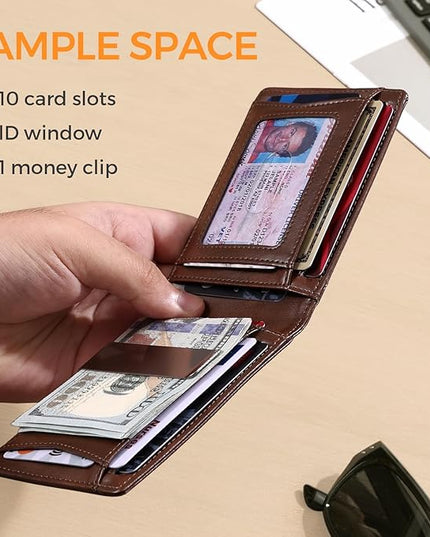 RUNBOX Slim Money Clip Wallets for Men RFID Blocking 11 Card Holder Minimalist Small Leather Bifold Men's Front Pocket Wallet Gift Box