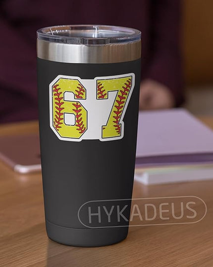 (3 Pcs) Softball 67 Six Seven Funny 6-7 Meme Stickers – 67 Gifts for Coaches, Players, Waterproof Vinyl Decals for Water Bottle, Tumbler, Laptop, Phone Case, 3" x 2.2"