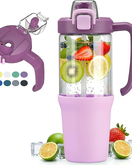 32oz Glass Water Bottle, 2-in-1 Straw and Sip Spout Lid, Leakproof Wide Mouth Tumbler with Handle, BPA-Free Reusable Bottle for Sports, Office, Outdoor, Lilac