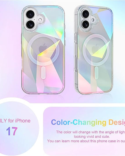 Cute Case for iPhone 17 Case for Women Girls [ Compatible with Magsafe ] Clear Glitter Girly Aesthetic Rainbow Sparkly Bling Magnetic Phone Cover, Iridescent Geometry