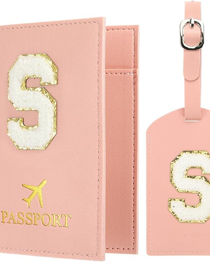 PATIKIL Passport Holder for Travel, Initial Passport Cover and Luggage Tag Set with Alphabet Chenille Letter Patch Travel Wallet Bag Suitcase Identifier for Women Family Travel Pink S