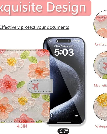 Passport Holder, Travel Wallet Cover with Pen Loop | Cute RFID Blocking Leather Case with Magnetic Closure for Travel Essentials-Flower