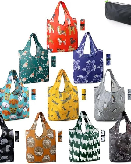 BeeGreen Animal Reusable Shopping Bags Grocery Totes 10 Pack with Zipper Carry Pouch Cute Shopper Bags XLarge Machine Washable Durable Gifts for Animal Lovers Women