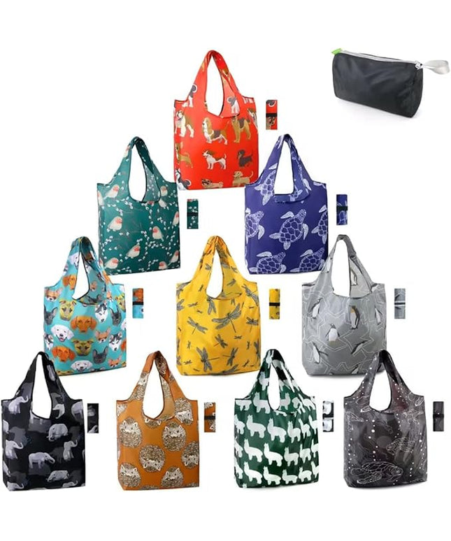 BeeGreen Animal Reusable Shopping Bags Grocery Totes 10 Pack with Zipper Carry Pouch Cute Shopper Bags XLarge Machine Washable Durable Gifts for Animal Lovers Women