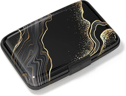 Atufsuat Credit Card Holder, Mini Aluminum Card Wallet RFID Blocking Slim Metal Hard Card Case for Women Men, Black Gold