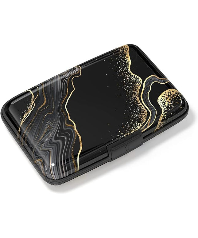 Atufsuat Credit Card Holder, Mini Aluminum Card Wallet RFID Blocking Slim Metal Hard Card Case for Women Men, Black Gold