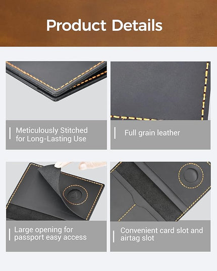 Passport Holder for Travel, Genuine Leather Passport Holder with Airtag, Rfid Passport Wallet Cover Case for Women Men, Travel Essentials Gift, Black