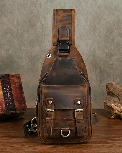 Genuine Leather Hiking Travel DayPack Sling Crossbody Triangle Chest Pack Bag For Men Women 8241