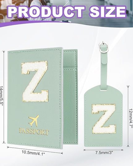 PATIKIL Passport Holder for Travel, Initial Passport Cover and Luggage Tag Set with Alphabet Chenille Letter Patch Travel Wallet Bag Suitcase Identifier for Women Family Travel Green Z