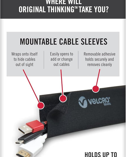 VELCRO Brand Mountable Cable Sleeve | Cord Management Mounts on Walls, Desk or Entertainment Center | Removable Adhesive is Damage Free | 8in Black, 2pk, 8in - 2Pk