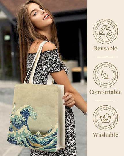 AUSVKAI Canvas Tote Bag Aesthetic for Women, Cute Reusable Bags with Pockets & Snaps for Beach Shopping College Gym Grocery