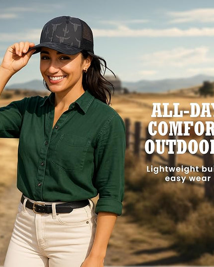 Western Trucker Charcoal Bull Cactus Baseball Cap Outdoor Punchy Mesh Snap Back with Adjustable Fit for Country Wear