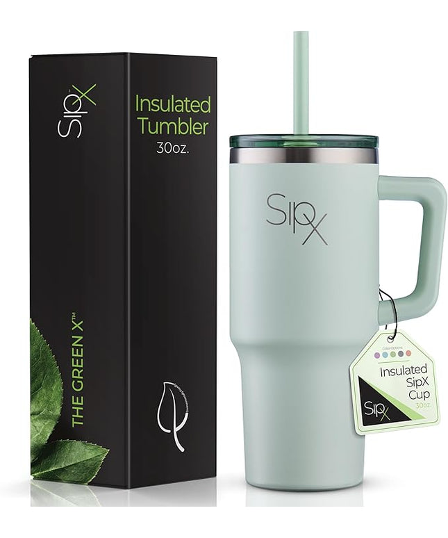 SIPX™ 30 oz Insulated Tumbler with Handle & Straw – Vacuum Insulated Stainless Steel, Leakproof, Cupholder Friendly – Perfect for Iced Coffee, Water & Travel – Green