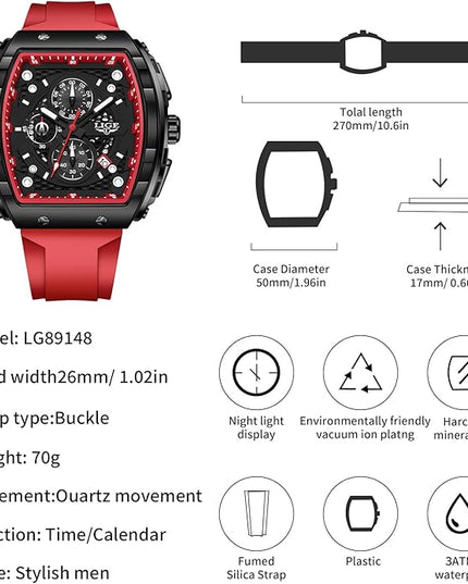 Mens Watches,Unique Rectangular Quartz Analog Watch,Outdoor Sports Multi-Function Watch,Chronograph/Waterproof/Luminous/Calendar,Durable Silicone Strap Mens Casual Watches