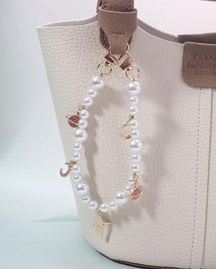 Pearl Beaded Phone Charm Wrist Strap,Cute Bracelet Wristlet Lanyard,Gold Double Chain for Phone Case,Purse Bag Wallet
