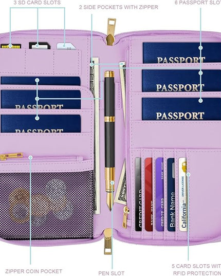 Family Passport Holder Wallet RFID Blocking Document Organizer PU Leather Mulit-purpose Travel Wallet Credit Cards Case for Women Men,Purple Marble