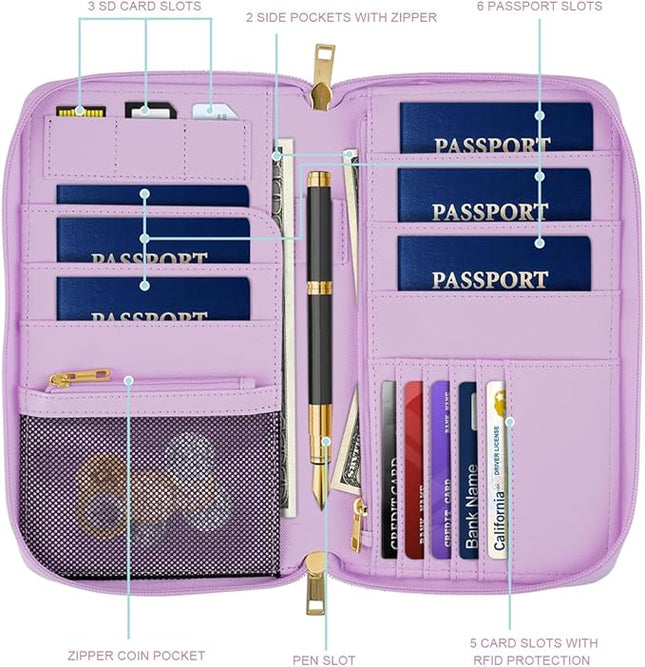 Family Passport Holder Wallet RFID Blocking Document Organizer PU Leather Mulit-purpose Travel Wallet Credit Cards Case for Women Men,Purple Marble