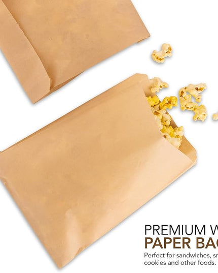 Paper Sandwich Bags Kraft Brown (125 Pack) Food Grade Bags with White Round Stickers for Sealing - Unbleached Compostable Natural Kraft Paper Stock Bags for Bakery Cookies, Treats, Snacks, Sandwiches