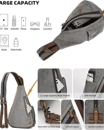 KL928 PU Leather Sling Bag - Small Crossbody Backpack Shoulder Casual Daypack Rucksack for Men Women(Dark Grey)