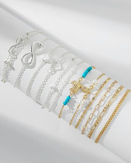 Starain 12Pcs Summer Beach Anklets for Women Waterproof Gold Silver Chain Ankle Bracelets Cute Women's Foot Anklet Set 7.9-10.5 inch Adjustable