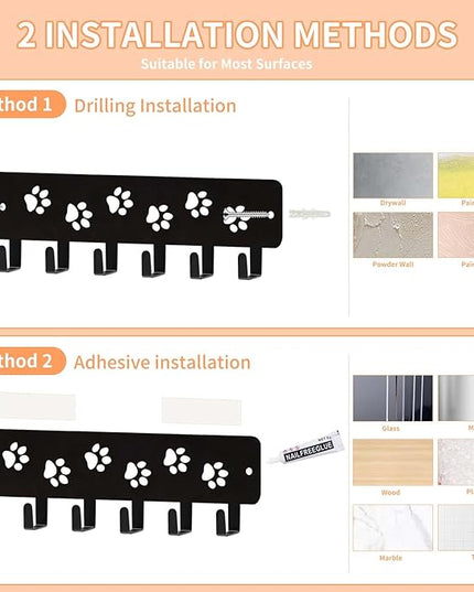 Key Hooks Key Holder Decorative Dog Leash Holder for Wall, 6 Hooks 9.75×2.73 inch for Wall Decorative Animal Storage Rack Adhesive, Black Hooks for Entrance Living Room Kitchen-Gifts for Dog Lovers