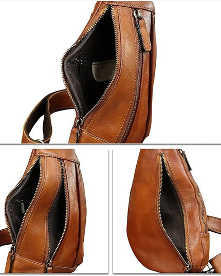 LRTO Genuine Leather Sling Bag for Men and Women Vintage Real Leather Crossbody Chest Bags Backpack Purse for Travel Hiking