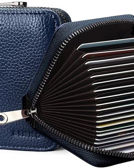 Linno RFID 20 Slots Credit Card Holder Genuine Leather Small Wallet for Women or Men with Zipper