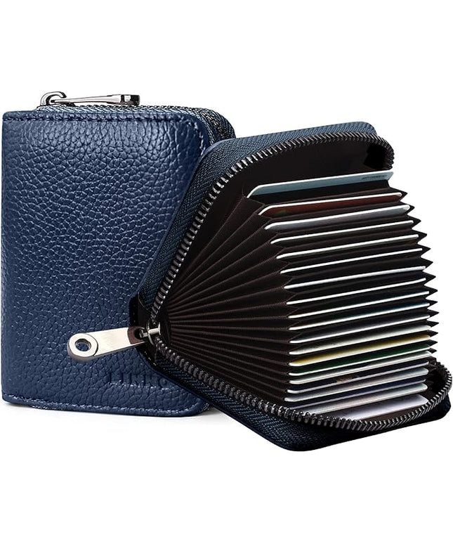 Linno RFID 20 Slots Credit Card Holder Genuine Leather Small Wallet for Women or Men with Zipper