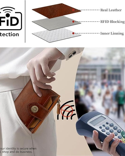 MKSSKEN RFID Wallet Women,Bifold Leather Womens Wallet,Compact Designer Carteras Para Mujer Card Holder with Removable ID Window(darkbrown)