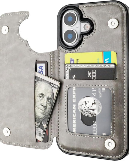 ONETOP Compatible with iPhone 17 Wallet Case with Card Holder, PU Leather Kickstand Card Slots Case, Double Magnetic Clasp and Durable Shockproof Cover 6.3 Inch (Gray)