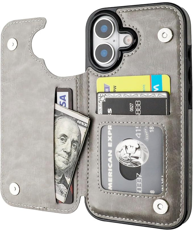 ONETOP Compatible with iPhone 17 Wallet Case with Card Holder, PU Leather Kickstand Card Slots Case, Double Magnetic Clasp and Durable Shockproof Cover 6.3 Inch (Gray)
