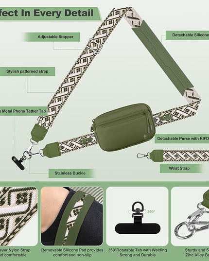 Clip and Go Strap for Phone with Wallet Crossbody, Adjustable Phone Lanyard with Detachable RFID Wristlet Wallet, Pattern Strap - Olive Green(M)