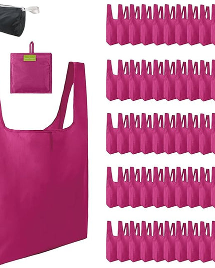 BeeGreen Cerise Reusable Grocery Bags Wholesale Reusable Kitchen Bags Bulk Foldable-Machine Washable with Zipper Storage Pouch 50 Packs