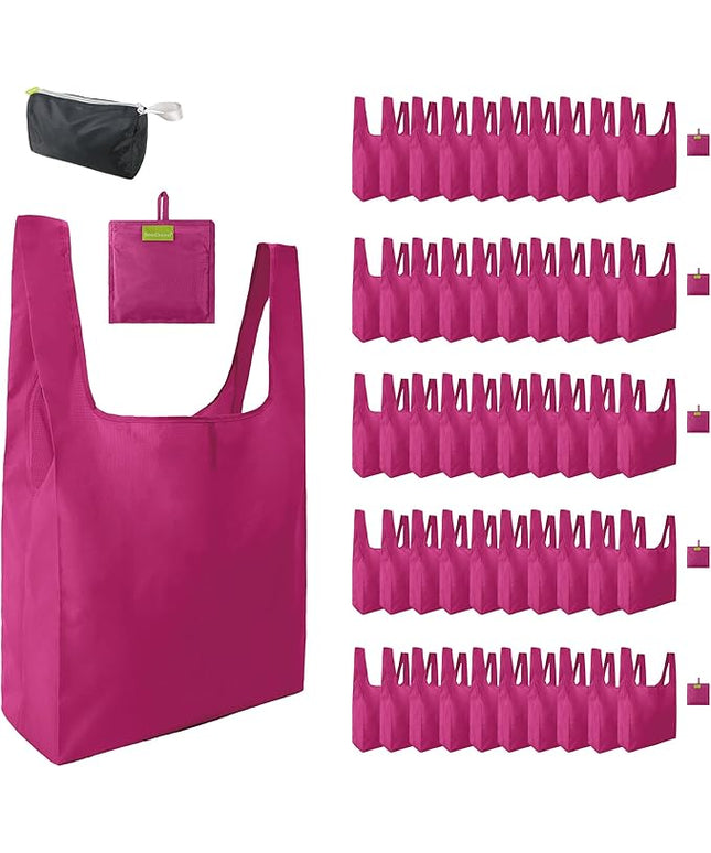 BeeGreen Cerise Reusable Grocery Bags Wholesale Reusable Kitchen Bags Bulk Foldable-Machine Washable with Zipper Storage Pouch 50 Packs