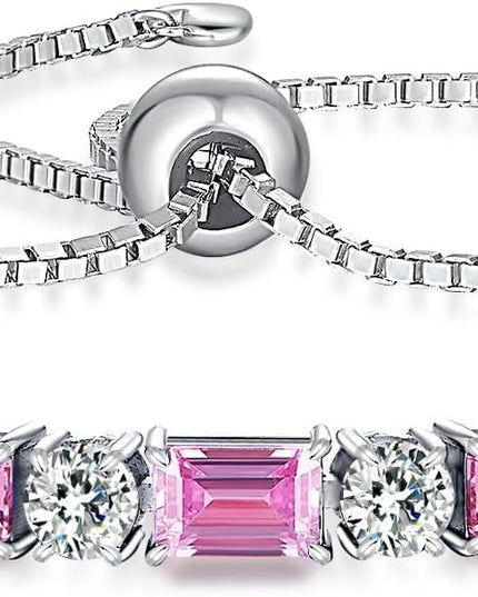 Birthstone Tennis Bracelets for Women White Gold Sterling Silver Gemstone Bracelets Adjustable Chain 6-9 Inchs Jewelry Anniversary Birthday Gifts for Women Mom Wife Her