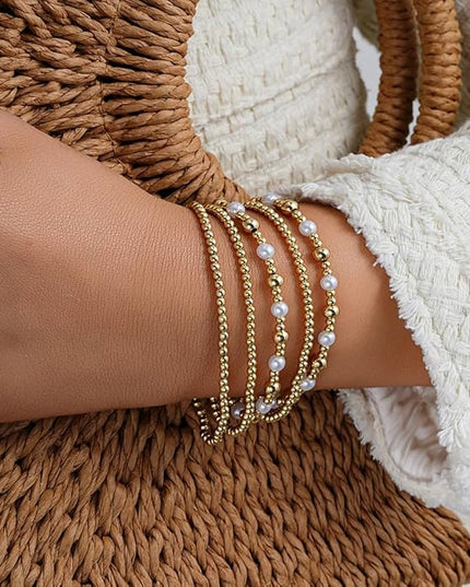 Gold Beaded Bracelets for Women, 14K Real Gold Plated Jewelry for Women Dainty Pearl Bead Bracelets Stack, Non Tarnish Trendy Stackable Ball Cross Stretch Bracelet Set Fashion Accessories Gifts