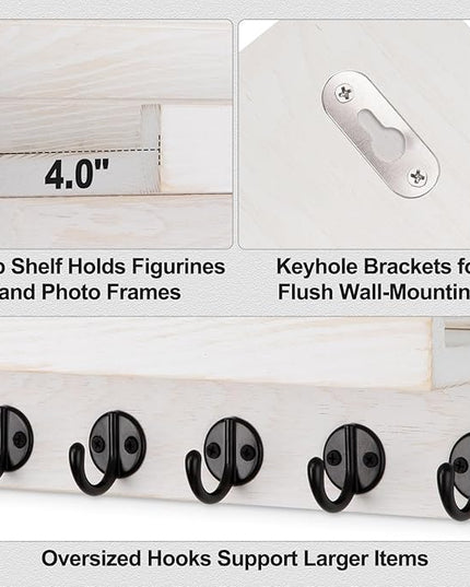 Lwenki Key Holder Wall Mount, Entryway Key and Mail Holder with 7 Sturdy Hooks for Sunglasses, Dog Leash, Decorative Wall Shelf with Mounting Hardware, 15”W x 6.7”H x 4.2”D