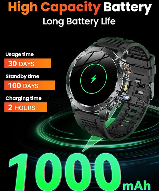 Military Smart Watches for Men, Smart Watch with 1000 mAh Battery/Answer/Dial Calls/Fitness Tracker/Flashlight/Heart Rate/Sleep Monitor/100+ Sports Mode, 1.7″ Waterproof Smartwatch for Android/iPhone