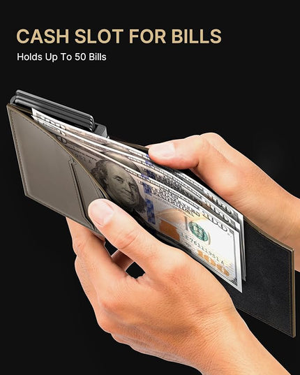typecase Mens Wallet Card Holder: Pop Up Aluminum Case, Carbon Fiber Leather, Smart, RFID Blocking, Slim, Minimalist, Front Pocket - 9-14 Card Capacity | ID Window | Cash Slot (Map)