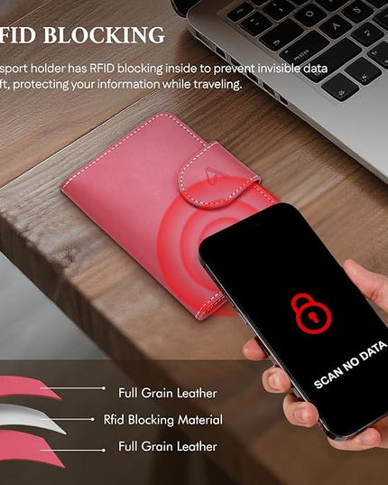 ALLIVE Rfid Passport Holder for Travel Women, Rfid Passport Cover Wallet, Genuine Leather Passport Holder for Travel with AirTag Hidden, Airport Essentials, Travel Gifts (Rose Pink)