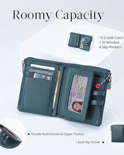 Bveyzi Small Soft Leather Wallet for Women RFID Blocking Ladies Card Holder with Double Zipper Pocket
