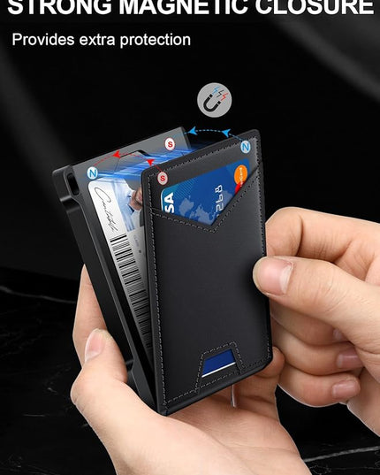 Wallet for Men RFID Wallet with 2 ID Windows & Money Clip, Slim Pop Up Card Holder for 10-12 Cards, Bifold Minimalist Smart Wallet for Front Pocket, Compact Metal Credit Card Holder, Gifts for Men