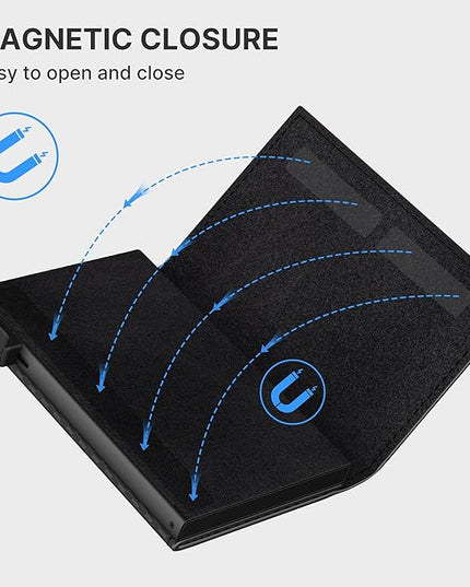 Mens Smart Wallet Card Holder for AirTag: Leather, Compatible with Apple Air Tag, RFID Blocking, Slim, Carbon Fiber, Minimalist - 9-14 Card Capacity | ID Window | Cash Slot (Black)