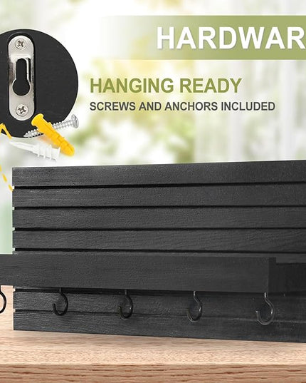 Lwenki Decorative Key Holder for Wall with Shelf, Entryway Shelf with Hooks Holds Leashes, Jackets and Glasses – Sturdy Wood Keyholder Entrance Hanger with Mounting Hardware (Black, Medium)