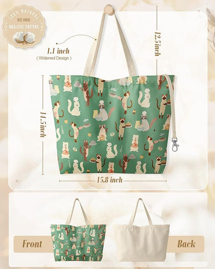Large Tote Bag for Women - Aesthetic Cute Big Canvas Bags with Zipper Cotton Shoulder Bag for Gym, Travel, Work