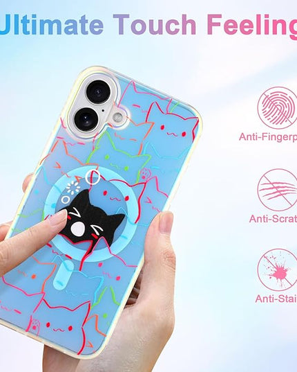 Cute Case for iPhone 16 Case for Women Girls Boys [ Compatible with Magsafe ] Iridescent and Black Cats Cat Pattern Design, Kawaii Colorful Animal Soft Bumper Protective Phone Cover