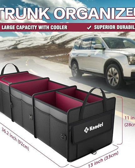 K KNODEL Sturdy Car Trunk Organizer with Premium Insulation Cooler Bag, 3 Compartments Heavy Duty Collapsible for Car, SUV, Truck, or Van (Large, Red)
